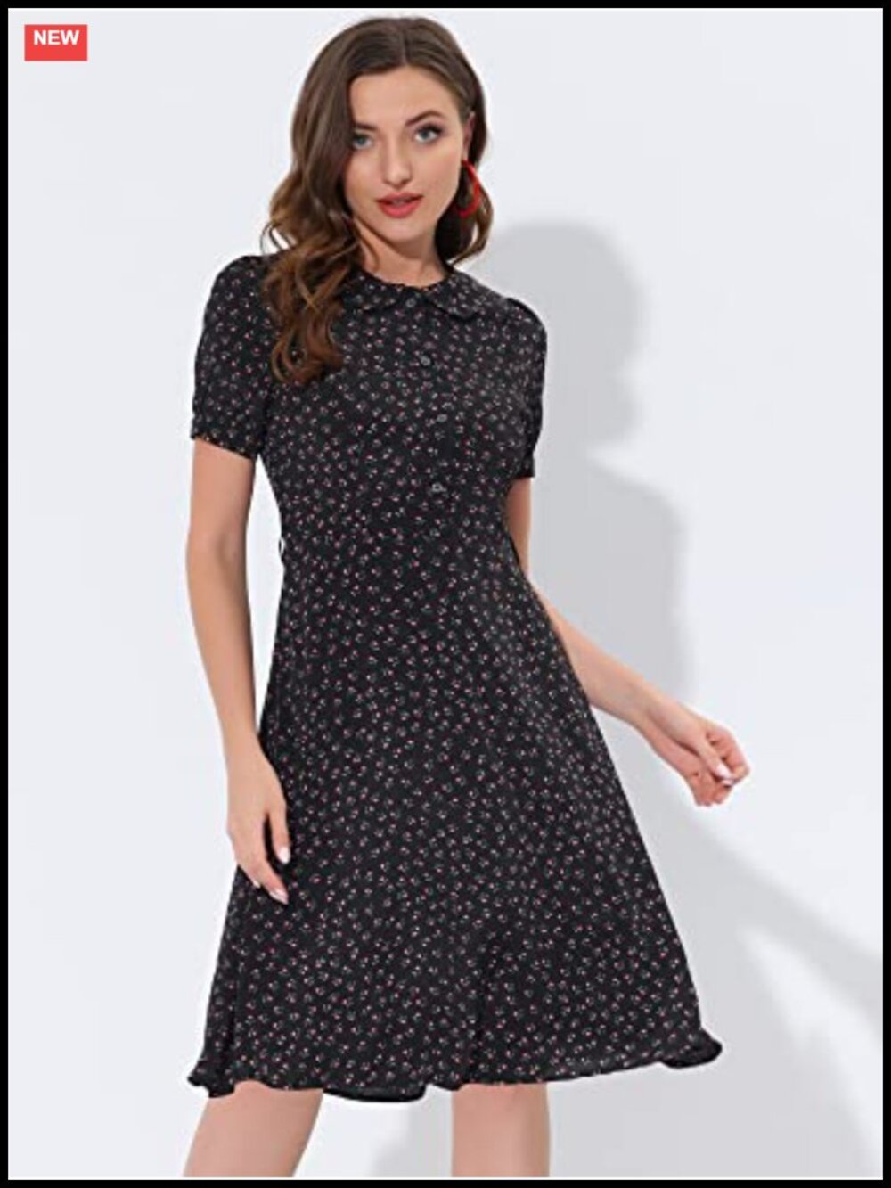 Allegra K Women's Peter Pan Collar Floral Dress with Belt Button Up - Picture 2 of 4